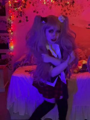 A post by @bvmblee.bee on TikTok caption: Me when i disappear for 2 months and come back because i got shoes that reminded me of Junko | #danganronpa #cosplay #junkoenoshimacosplay #junkoenoshima 