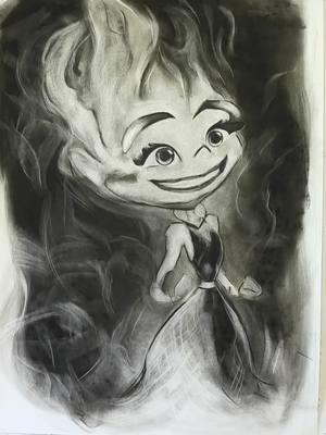 A post by @hilboldt on TikTok caption: My latest charcoal drawing on paper of Ember! The fiery personality from Disney Pixar's upcoming movie #Elemental. Catch the movie in theaters June 16th! #partner 