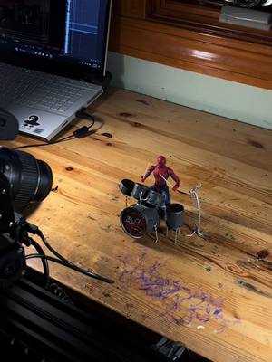 A post by @fatbirdthings on TikTok caption: I LOVE drums. Does animating drums help with actual drumming?🤔if only😅 Anyway, Across the Spider-Verse was awesome #stopmotion #spiderman #marvel #acrossthespiderverse #drums #spidermanacrossthespiderverse 