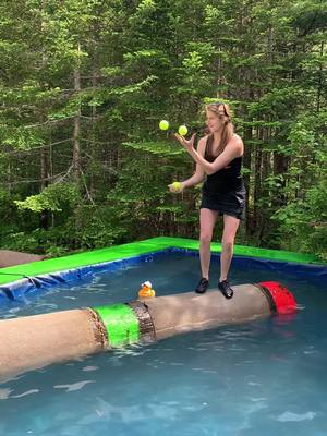 A post by @abbystevens325 on TikTok caption: Thanks for the inspo. @Jacob Tuholski  #logroll #juggling #timbersports #lumberjil 