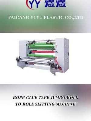 A post by @tapesmachinery on TikTok caption: Enhance your BOPP glue tape production with our advanced Jumbo Roll to Roll Slitting Machine. #efficientprocessing  #fyp  #gluetape