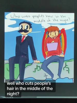 A post by @queen_pocky on TikTok caption: Just a normal conversation between waffleduo. I was going to put Grian as the hair cutter, but then I remembered just how unhinged Mumbo can be, so here we are lol #hermitcraft #waffleduo #mumbojumbo #grian #grianmc #hermitcraftfanart #mumbojumbofanart #grianfanart #waffleduofanart drawing everyday day 6