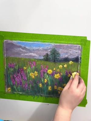 A post by @tiffaniwilliamsfineart on TikTok caption: My first floral landscape, “Clearing.” I was inspired to try this after watching some of Susan Jenkins videos on her YouTube channel, Monet Cafe. I had to become a Patreon! Amazing work and explanations.  9” x 11.25” on Colourfix paper with various soft pastels. Prints available for purchase on my Fine Art America page.  #pastelart #pastelartist #pastelartwork #softpastels #softpastel #softpastelpainting #landscapepainting #flowerlovers #landscapeart #tiftenstudio