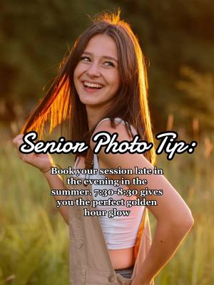 A post by @josieleighphotography on TikTok caption: Senior photo tip!!! 7:30 might seem super late, but you’re going to get the perfect sunset photos at this time. Check what time the sun sets in your area and schedule an hour prior🧡 #photoshoot #photoshoottips #seniorphotos #seniorphototips #goldenhourphotoshoot 