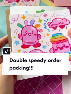 A post by @ivytart on TikTok caption: Double super speedy order packaging 🏃‍♀️☀️ #letspackanorderwithme #letspackanordertogether #letspackanorder✨ #orderpackingasmr #speedyorderpacking #asmr #fastpacking #kirbyandtheforgottenland #smallbizvlog #kirbyfanart 