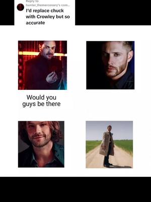 A post by @hisdeanowayz on TikTok caption: Replying to @hunter_themercenary  made another one of these since there was a few comments on my last one if it being Crowley instead of chuck 😂 #samwinchester #deanwinchester #castiel #crowley #spn #foryoupage #foryou #fyp 