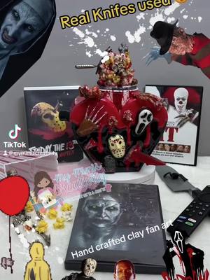 A post by @mymimiscreativity on TikTok caption: 24oz 3D Horror Movie Fan Art Tumbler  #mymimiscreativity #craftymimi #mmc #mmcdesignsbycm #3Dtumbler #homemade #claysculping #realknifes #realhook #Horror #Horrormovies #Horrorfan #blood #popcorn #bloodypopcorn #imagination #creative #freakingawesome #Screamfanart #ITfanart #Candymanfanart #Halloweenfanart #Jasonfanart #TheNunFanArt #FreddyFanArt #wannawatchahorrormovie #Withnoimaginationthereisnohorror #movienight #🍿🩸💀🔪📽️🎞️ ❤️🖤#scareme #lovewhatido #letthemlovewhatyoudo  *I own no rights to the music used*  https://linktr.ee/mymimiscreativity