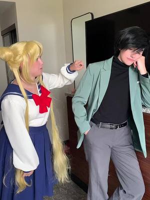 A post by @bitty_bee_ on TikTok caption: My super handome Mamoru: @kennethcatapult thanks for putting up with me and my shenanigans!! #matsuricon #matsuricon2023 #usagitsukino #mamoruchiba #usagixmamoru #sailormoon #usagitsukinocosplay #mamoruchibacosplay 