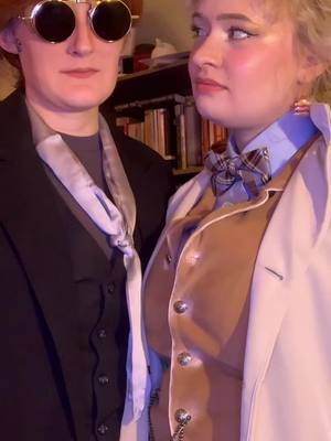 A post by @frankensigh on TikTok caption: we’re in a show that opens tomorrow, oh man #goodomens #goodomenscosplay #crowley #aziraphale 