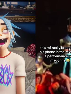 A post by @gorillaz on TikTok caption: #duet with @rizz master 6999 Playing snake calms his on stage jitters #livemusic 