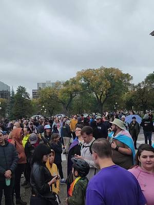 A post by @kaii_suiteki on TikTok caption: We stand proud! We stand together!! We will fight back !! We will not hide!! We will protect our future generations 🏳️‍🌈 #protecttranskids #winnipeg #transrightsarehumanrights #winnipegrally 