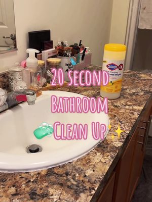 A post by @patience_riley on TikTok caption: Quick bathroom clean up 🧼✨ #CleanTok #cleanwithme #cleaning #cleaningmotivation #bathroomcleanup #bathroomcleaning #speedclean #satisfying #MomsofTikTok #momlife #20seconds #clorox #cloroxwipes #lysol #lysoltoiletbowlcleaner #gladespray #sprayaway #sprayawayglasscleaner #vacplus #vacplustoiletcleaner #fyp