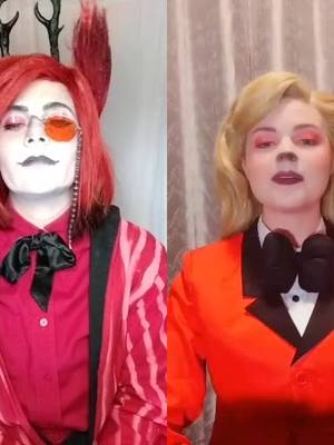 A post by @almightytrashlord on TikTok caption: #duet with @thatsingingsteph over a year later #alastorhazbinhotelcosplay 