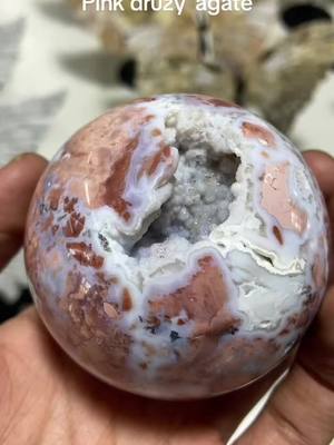 A post by @healing_crystal_shop on TikTok caption: Pink druzy agate sphere-new arrivals at discount price - come join Zaks live to dive into the crystal world at 1-8pm NewYork time . #zakslive #pinkdruzyagate #crystallover 