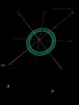 A post by @loomamusic on TikTok caption: The first 9 overtones of the harmonic series visualized on a Tektronix 760a Vectorscope. By modulating the gain of the fundamental and its harmonics I was able to achieve this animation. Each circle is created by first offsetting a sine wave to the left and right audio channels, then shifting the phase of one of the channels. #harmonics #cymatics #audioengineer #audiovisualart #vectorscope #vectorsynthesis #overtones #musician #looma #loomamusic #oscilloscopemusic #oscilloscopeart