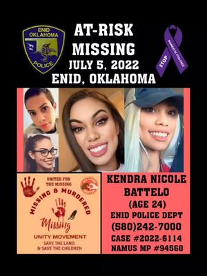 A post by @advocatedee on TikTok caption: FIND KENDRA NICOLE BATTELO  #fyp & #fypシ & #MissingAndMurderedUnityMovement & #AtRiskMissing & #MissingPersons & #BlackAndMissing & #IndigenousMissing & #HispanicMissing & #MMIW & #MMIP & #KendraNicoleBattelo & #KendraBattelo & #EnidOklahoma & #PawneeOklahoma & #BistrowOklahoma & #OklahomaUSA & #USA & #Unity & #Nationwide & #Viral