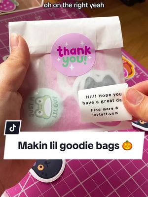 A post by @ivytart on TikTok caption: oops forgot to post this one 🥴 but these goodie bags turned out so cute! #mysterygrabbag #mysterygrabbags #makingmysterybag #mysterybagopening #goodiebags #freegoodiebag #smallbizvlogs #vendorprep #vendorprepping #smallbizvendor 