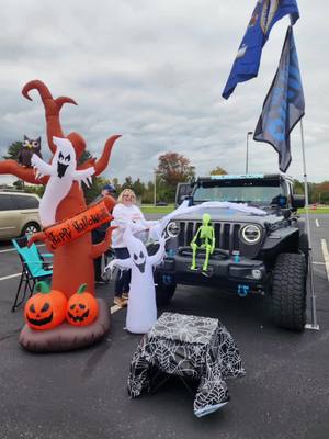 A post by @sargejt on TikTok caption: Jeepersween OVJC style! Trunk of Treat at the Marietta Ohio Veterans Clinic  2023! #veterans #trunkortreat #halloween #spooky #TikTokHalloween #ohiovalleyjeepclub #4u #ovjc #jeeps #tiktok #viral #foryoupage #fyp #fright #boogieman #jeep @April Hackney @OVJC