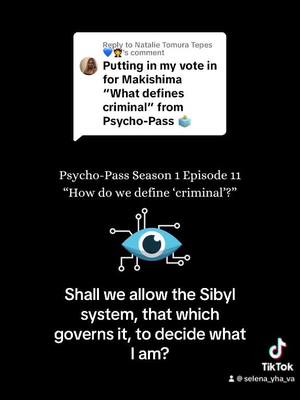 A post by @selena_yha on TikTok caption: Replying to @Natalie Tomura Tepes 💙🧛  Paycho-Pass Season 1 Episode 11, part of Makishima’s speech “How do we define ‘criminal’?” #voiceover #voiceacting #makishima #makishimashougo #psychopass #anime 