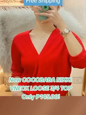 A post by @joeydelosreyes95 on TikTok caption: New COCOBABA NIKKI VNECK LOOSE 3/4 TOP Only ₱145.00! #nikkivneck #vnecklongsleevetop #vnecklongsleeve