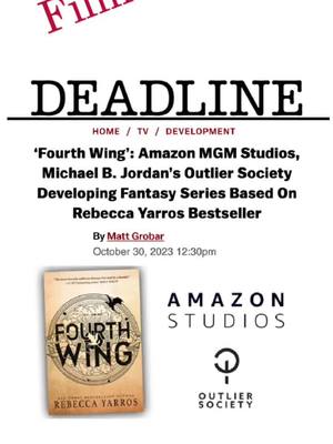 A post by @rebeccayarros on TikTok caption: 🎬🎉 Film News! 🎉 🎬 GUYS!!!! We've been sitting on this news since last DECEMBER and I finally get to tell you!!!! I'm so humbled and thrilled to announce that FOURTH WING has been optioned and is currently in development for a TV series by Amazon MGM Studios with Michael B. Jordan's Outlier Society producing!!! They're an ABSOLUTELY incredible team, and I can't wait to see their adaptation of Fourth Wing brought to life! Huge love and thanks to the team at Red Tower, especially my editor Liz Pelletier for making this possible! And OMMMMG, I get to executive produce, too! Words can't portray just how excited I am and how grateful to work with such amazing teams! Check out the full article in my bio! #fourthwing #fourthwingrebeccayarros #rebeccayarros @Red Tower Books 