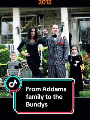 A post by @thathalloweenfamily on TikTok caption: 8 years of family costumes went SO fast!  From Addams Family to The Bundys! Both perfect at the time for our family. My once 5 & 8 year old are now 13 & 16. #familyhalloweencostumes #thriftshopcostume #popculturecostumes #diycostumes #greenscreen 