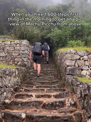 A post by @riotravelers on TikTok caption: We get clouds more often than sun 😂 anyone else?!  - Hiking Machu Picchu Mountain is an epic add on hike you can do when you’re visiting the wonder of the world.  - They only let a certain number of people do the hike each day, so you need to get a permit if you want to do this hike!  - This is NOT the MAIN hike or main viewing point of Machu Picchu.  - It’s a pretty brutal hike 😂 I think it’s only about a mile long, but it is straight up 1,600 stairs, (2000+ ft) and you’re already at elevation where air is likely more thin than you’re used to. - We spent one day enjoying Machu Picchu in a more traditional way, then spent a night in the nearby town of Agua Calientes, and came back to climb Machu Picchu mountain the next morning!  - One thing to know…Machu Picchu is OFTEN clouded over early in the morning, so it might be best in general to wait until mid-morning to visit. If you do arrive to find clouds, just wait it out as long as you can and hopefully they’ll break! - Would we do this hike again? Good question… - #travelbucketlist #peru #machupicchu 