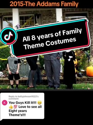 A post by @thathalloweenfamily on TikTok caption: Replying to @kellyjohnson9523 All 8 years of family homemade costumes!🖤 All clothes thrifted, big props are all cardboard..So much detail in each one! #diyfamilycostume #popculturecostume #homemadecostumes #familythemedcostumes #greenscreen 