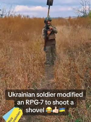 A post by @tiktok_frontline_warzone on TikTok caption: Ukrainian soldier modified an RPG-7 to shoot a shovel, seen here firing it at a Russian position😂👍🏻🇺🇦 #ukraine #ukrainevsrussia #combatfootage #war #frontline #fyp #foryou #counteroffensive #ukrainewar #rpg #shovel #funny #funnyvideo 