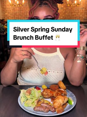 A post by @dasseats on TikTok caption: This is one of my fave Sunday brunch buffets in Maryland for only $35 ✨ The food is quality & service is great. You can also order from the raw bar a la carte. They dont have bottomless mimosas but offer options like sangria pitchers!  Every Sunday 11am-2:30pm! Check em out 🧡 #dmvbrunch #bottomlessbrunch #downtownsilverspring #marylandbrunchspots