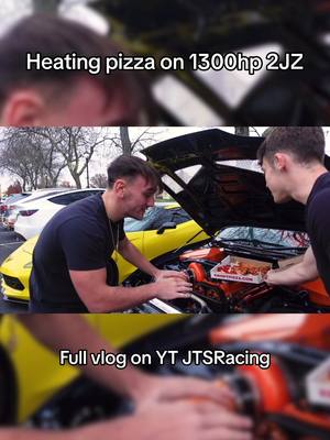 A post by @jtsracing_ on TikTok caption: @Drivenby.leo and I made a vlog that you should definelty check out! More content on YT being pumped! #supra #corvette #suoercharged #turbo #pizza #jdm 