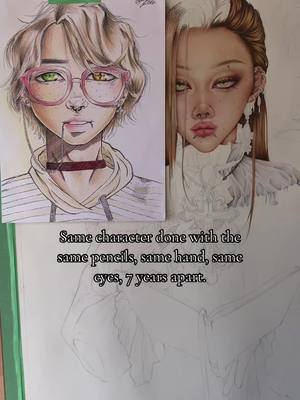 A post by @jellyfilledartist on TikTok caption: There is something about comparing my recent work to my child-self’s drawings that breaks my heart, only a little bit. Little me worked so hard. #portraitdrawing #traditionalart #traditionalillustration #prismacolorpencils #drawing #prismacolor #illustrations #originalcharacter #oc #ocart #workinprogress #fyp #foryoupage 