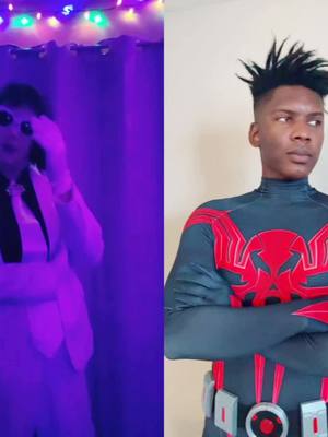 A post by @rellrecluse on TikTok caption: #duet with @Insecureubus #ottooctavius #herostimesuit #herostimecosplay #spidersona #spidersonacosplay #spiderman2099cosplay #milesmorales