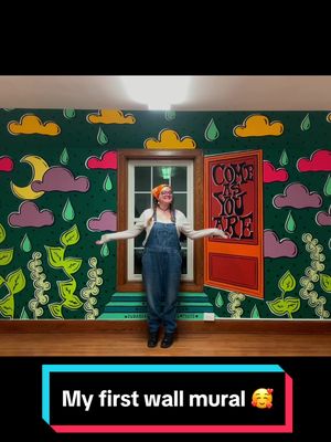 A post by @cudabearaaaa on TikTok caption: I completed my first wall mural this week!! All together it took 6 days to complete and about 30 hours total. Enjoy and thank you for watching!! 🎨🖌️😊 #cudabeara #muralist #popartvibes #comeasyouare 