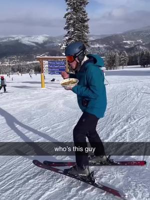 A post by @waterwithanl on TikTok caption: Guy wastes no time in the ski lodge #skiing #skitok #skibreck #colorado #powderday #ramen 