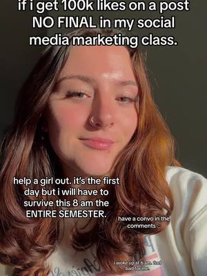 A post by @..................amelia on TikTok caption: HELP A GIRL OUT. I STG THIS IS REAL! NO FINAL FOR THE ENTIRE CLASS. #viral #nofinal #socialmediamarketing #clemson #marketing #fdoc #trending #fyp #foryou #assignment 