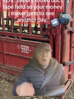 A post by @dylanmassa2 on TikTok caption: “If duct tape and baling wire won’t fix it nothing will.” #Meme  #MemeCut #livestock #cows #chute #farmlife #cold 