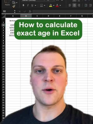 A post by @excel_with_kyle on TikTok caption: How to calculate age in Excel! #excel #exceltips #exceltricks #exceltutorial #greenscreenvideo 