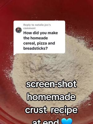 A post by @hotmess.mamaof5 on TikTok caption: Replying to @natalie.jos#hotmessmamaof5 #baking #recipes #homesteading #homemade #pizzacrust #pizza   2 1/2 cups all purpose flour 3 teaspoons baking powder  1 teaspoon salt  3/4 cup hot water  2 tablespoons vegetable oil  Double or triple it for a bigger pizza!!! 