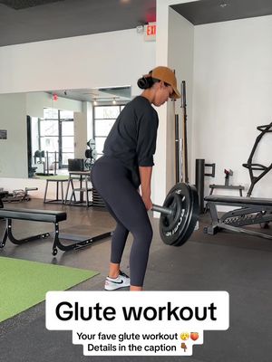 A post by @strong_mom on TikTok caption: We are hitting glutes today 🔥 🍑Sumo landmine squat  🍑Hip thrust X banded abduction  🍑Barbell RDL 🍑Deficit curtsy Lunge 🍑Smith reverse kickback Method: 10-12 reps | 3-4 sets | 60secs rest between reps   #girlswhotrain #trainharder #sweat #strongwoman #momlife #momswholift #beastmode #fitmom #personaltrainer #bethebestyou #mom #noexcuses