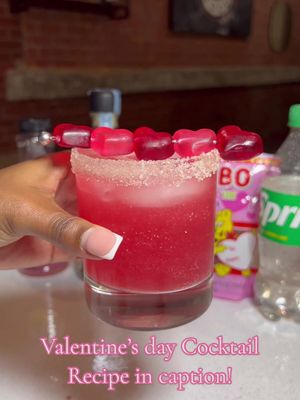 A post by @dineinwithdenise on TikTok caption: Part 1 | Valentine’s Day Cocktail 🍓❤️ This is the perfect drink to make with your boo or your girls!!  Ingredients: -2 shots of tequila -1 cup strawberry lemonade -1/2 cup sprite or ginger ale -red edible glitter (optional) -candy for topping  #ValentinesDay #easydrinkrecipe #valentinesdrink #galentines #vday #tequila #Love #cocktail #SuperBowl #taylorswift 