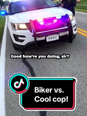 A post by @motoeducation on TikTok caption: Biker meet cool cop! #biker #cop #cool #police #speeding 