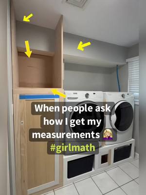 A post by @babevila on TikTok caption: Piece by piece I get my measurements to fit the custom cabinet 🤨 #girlmath is a real thing…. #DIY #rookiethings #rookiewoodworker #diycabinet #customcabinets #gorlproblems #woodprojects #learning101 #girlmeasuring #measureingtape 