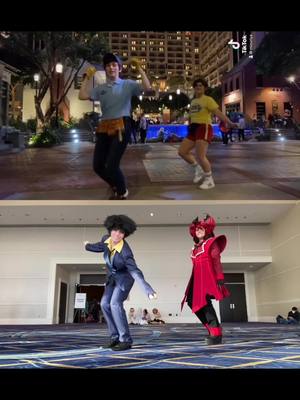 A post by @vulpesteins on TikTok caption: Replying to @✦ Vulpestein ✧ Four whole years between these videos… wow. #katsucon2024 #fixitfelixjr #eddiekaspbrak #itcosplay #cowboybebop #spikespiegel #alastor #hazbinhotel 