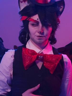 A post by @foxbinn on TikTok caption: I'm working on an alastor cosplay right now and will be doing lucifer next 🫣 #hazbinhotel #hazbinhotelcosplay #huskcosplay #husker #huskerdust #cosplaytransition 