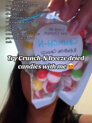 A post by @ on TikTok caption: Have you guys tried freeze dried candies? #crunchn#freezedriedcandy#skittles#marshmallow#fruitchew#jollyrancher#mukbang#eating#crunchy#chewing#pakistani#fyp#foryoupage#foryou 