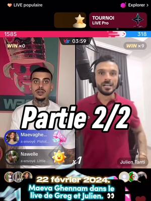 A post by @gregmaevahistoiresansfin on TikTok caption: @GregYega et @Julien Tanti en live . Maeva apparaît (partie 2) . 😂🙌🏻 #gregyega #maevaghennam #julientanti #Maegreg #lesmarseillais #live #foryou 