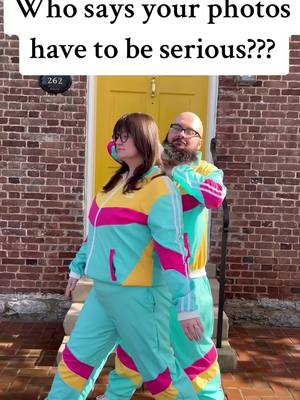 A post by @greenapplephotoky on TikTok caption: Matching track suits ✅ Awkward poses ✅ More fun taking photos then you’ve ever had ✅✅✅ Want to take fun photos with your spouse, boyfriend, fiancé, stranger?  I’m always down.  #awkwardengagementphotos #awkwardposes #peepthecat 