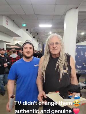 A post by @.aaronlatendre on TikTok caption: They say never meet your hero's, but these guys are truly the best! they arrived early for the fans and even stayed late! luckly caught them on their way to the merch booth @Motorama Show #rustvalleyrestorers #rustbros #motorama #fans #automotive #cars #canadian #TV 