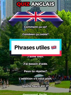 A post by @anglais_facile__ on TikTok caption: Quiz anglais 🇬🇧 10 phrases utiles ✅ #quizanglais #apprendrelanglais #anglaisfacile #coursdanglais #anglaispourdebutants 